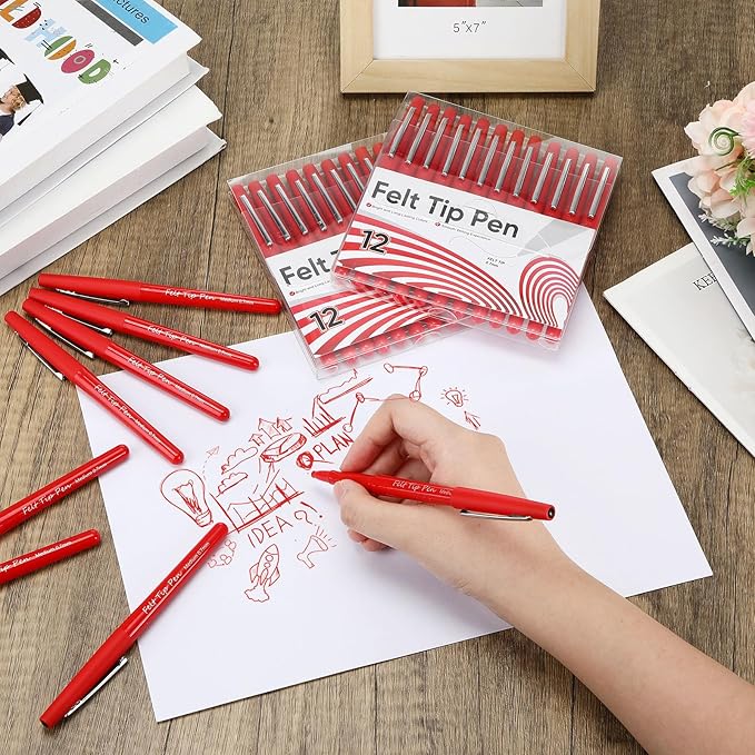 144 Pcs Red Felt Tip Pens 0.7mm Medium Point Pens Bulk, Felt Tip Markers for Journaling, Writing, Note Taking, Planner, Ideal for Office School Art Supplies Gift