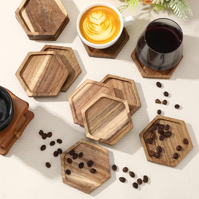 Zhehao 16 Pcs Acacia Wood Coasters Bulk 4 Inch Wooden Stackable Reusable Drink Coasters for Coffee Tea Table Protection Table Bar Home Desk Supplies Housewarming Gifts(Hexagon)