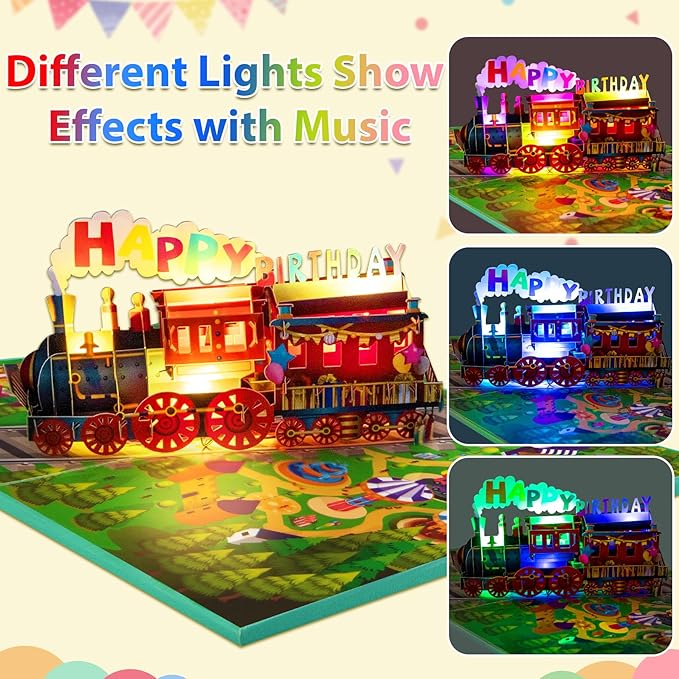 GREETING ART Train Musical Birthday Cards, Happy Birthday Train Card, 3D Pop Up Birthday Card, Light and Music Happy Birthday Card for Women, Men