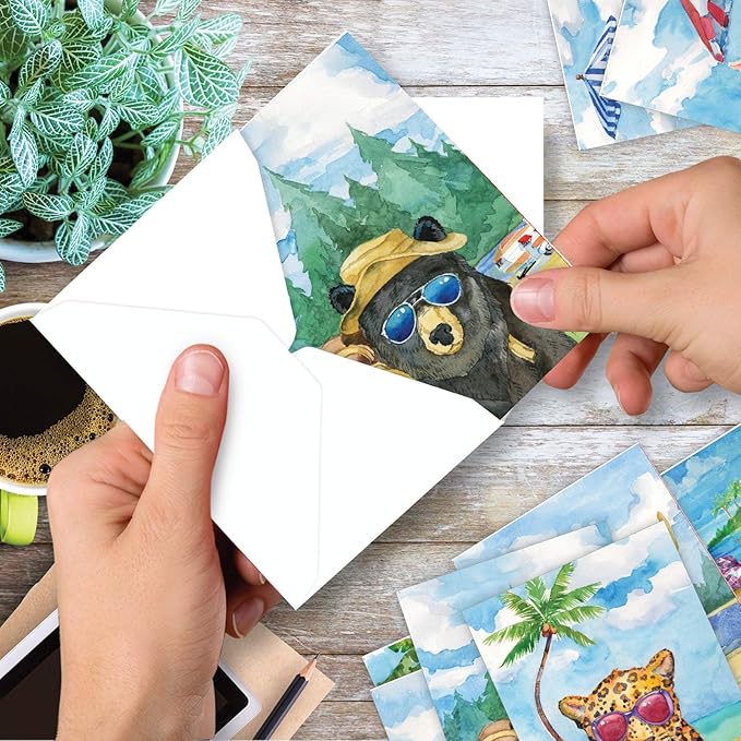 The Best Card Company - 20 Assorted Bulk Wildlife Whimsical Greeting Cards Boxed Set (4 x 5.12 Inch) Wildlife Variety Notecards for Kid (10 Designs, 2 Each) - Animal's Day Off AM6670OCB-B2x10