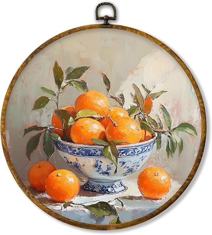 Hiuwevt Chinoiserie Orange Round Wall Art Decor, Retro Still Life Framed Canvas Prints, Blue and White Porcelain Citrus Fruit Round Wall Hanging Decor for Bedroom Home Decorations, 10x10 Inches