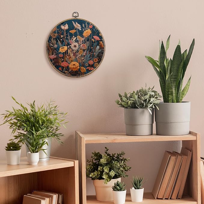FUGWN Vintage Floral Round Wall Art Decor Framed, Cottagecore Floral Botanical Canvas Artwork Prints, Boho Colorful Wildflowers Wall Hanging Decorations for Home Bedroom Living Room, 10x10 Inch