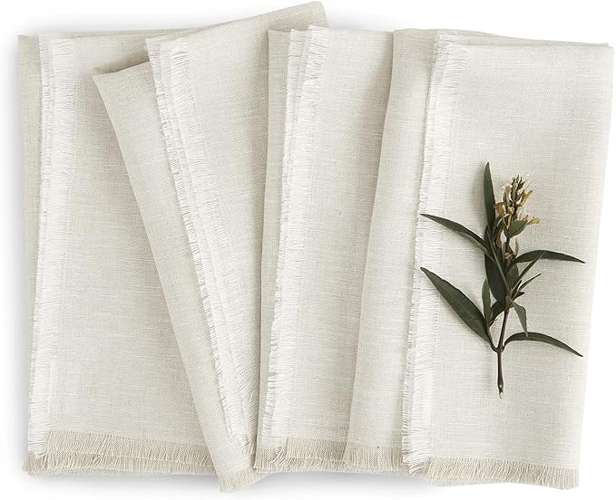 Solino Home Light Natural Linen Napkins Set of 4-100% Pure Linen Cloth Washable Dinner Napkins 20 x 20 Inch for Spring, Easter - Fringe