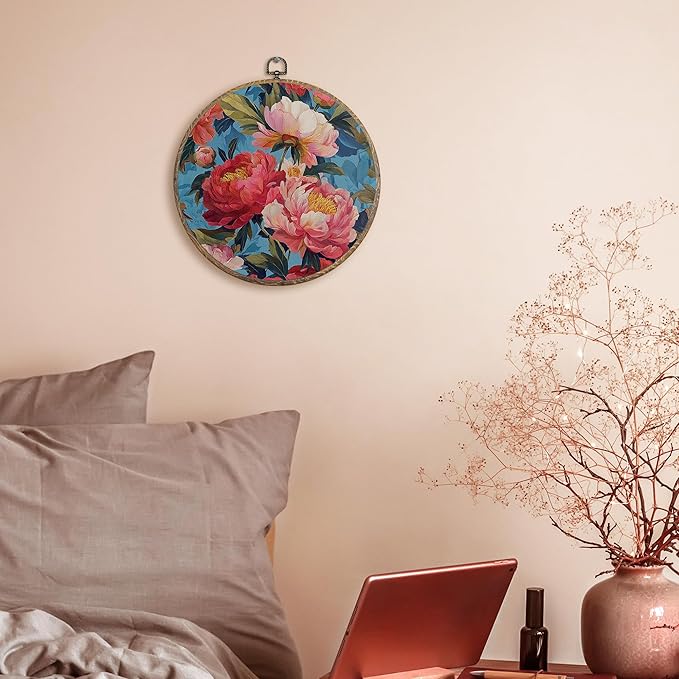 FUGWN Retro Peony Floral Round Wall Art Decor Framed, Cottagecore Floral Canvas Artwork Prints, Rustic Botanical Flower Wall Hanging Decorations for Home Bedroom Living Room, 10x10 Inch