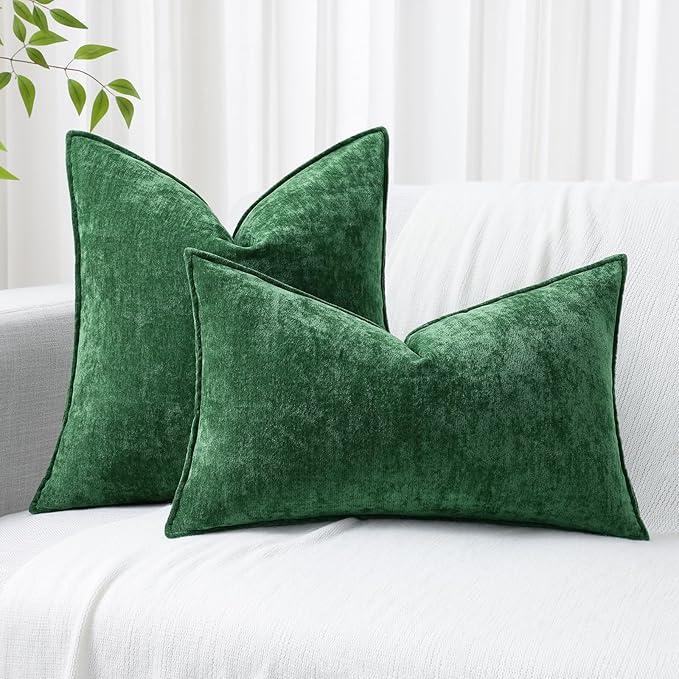 decorUhome Spring Couch Euro Sham Throw Pillow Covers 26x26 Set of 2, Decorative Soft Velvet Neutral Chenille Pillow Covers with Elegant Design for Sofa Bed Living Room Home Decor, Green