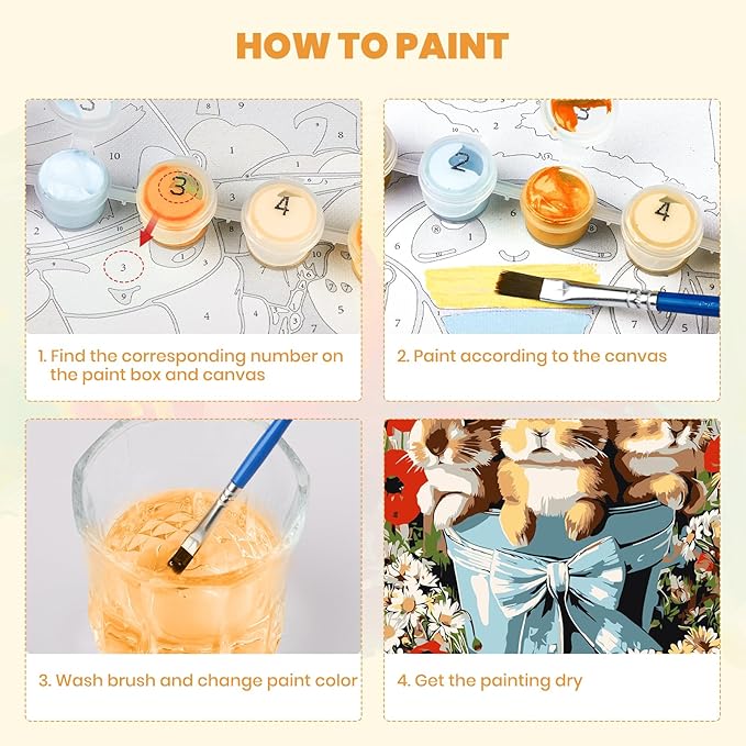 MXJSUA Easter Framed Paint by Numbers for Adults Beginners, Easy Adults' Paint-by-Number Kits on Canvas with Easel, Cute Bunnies Acrylic Number Painting Crafts Kits Gifts for Home Decor, 8x12inch
