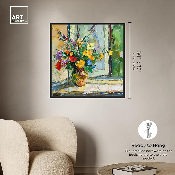 Art Remedy Vase By The Window Framed Impressionism 1 Piece Canvas Wall Art/Monet And Van Gogh Inspired Art, 31" x 31", Black Frame