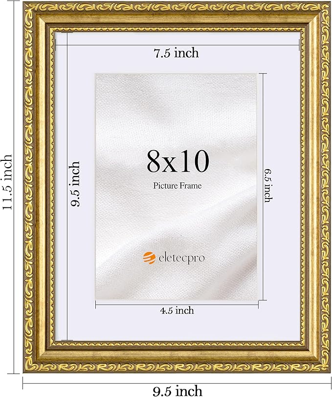 eletecpro 8x10 Picture Frames Set of 4, Vintage Photo Frame with Glass, Gold Frames 8 x 10 Display 5x7 Photo with Mat or 8x10 without Mat for Tabletop or Wall Decor, Gold