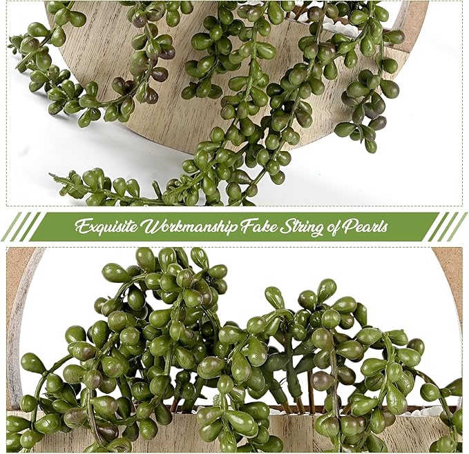 2PCS 12.2" Fake Hanging Plant, Succulent Wall Decor, Fake Plants Decor, String of Pearls in Pot with 8.3" Lanyard for House Indoor Outdoor Bedroom Wall Decor Aesthetic (Wooden)