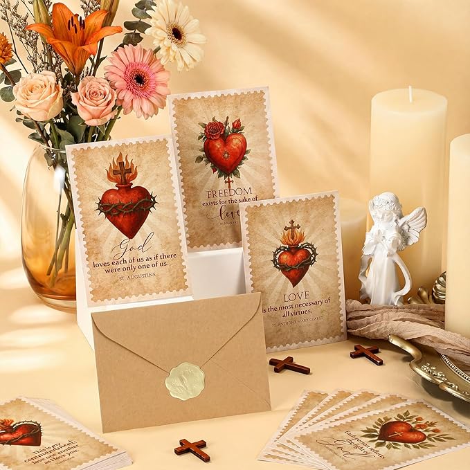 Epakh 24 Sets Religious Valentine's Day Cards Catholic Greeting Card with Brown Envelope Gold Sticker Heart and Cross Exchange Gifts for Godmother Goddaughter Church Couple Friends