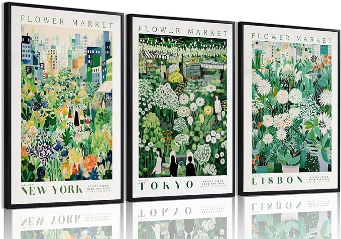 XLARTMY Flower Market Wall Art Prints Canvas Green Yellow White Floral Paintings Colorful Botanical Travel Flower Posters for Home Decor Pictures Set of 3 for Living Room Bedroom 16x24in Unframed