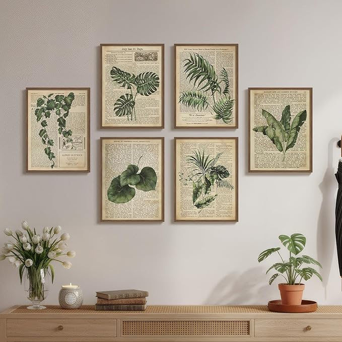 Framed Vintage Botanical Wall Art, Set of 6 Green Leaf and Fern Canvas Painting Prints, Rustic Farmhouse Plant Artwork for Living Room Bedroom Kitchen Dining Room Office Apartment Decor, 11x14 Inch