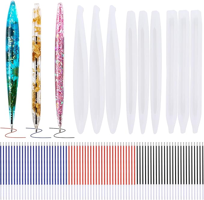 JANYUN 9 Pieces Pen Resin Mold, Epoxy Resin Molds with 75 Pieces Ink Pen Refills,Ballpoint Pen Silicone Molds Resin Casting Molds for DIY Resin Crafts Making