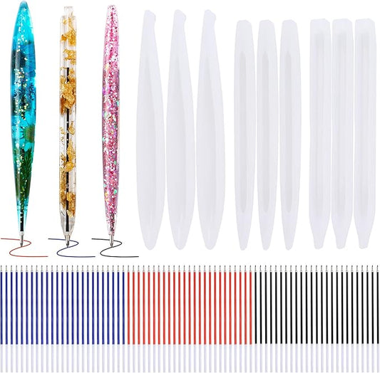 JANYUN 9 Pieces Pen Resin Mold, Epoxy Resin Molds with 75 Pieces Ink Pen Refills,Ballpoint Pen Silicone Molds Resin Casting Molds for DIY Resin Crafts Making