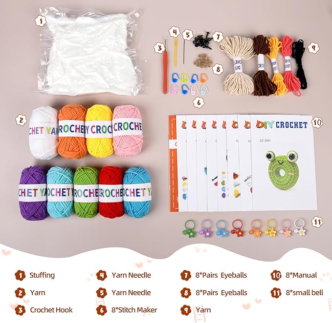 Yayvokuv 8Pcs Crochet Kit for Beginners, 2026 Gift for Crochet Lovers, DIY Craft for Adults and Kids, Crocheting Animal Kits with Step by Step Videos, Yarn, Crochet Hook, Birthday Holiday Gift (Pink)