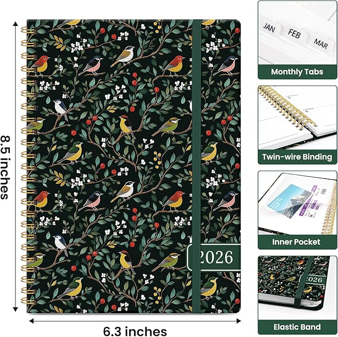 2026 Planner, Weekly and Monthly Calendar Planner for Women, Jan 2026 - Dec 2026, Hardcover Planning Agenda book with Tabs, Spiral Bound, Inner Pocket, Perfect for School Office Supplies, 6.3" x 8.5" - Songbird Forest