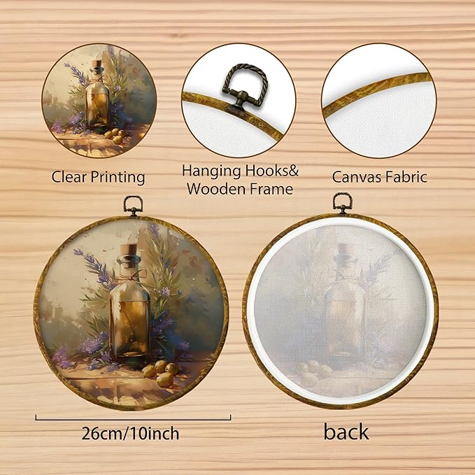 Hiuwevt Vintage Lavender Olive Kitchen Round Wall Art Decor, Country Moody Farmhouse Framed Canvas Prints, Rustic Cottagecore Round Wall Hanging Decor for Kitchen Dining Room Decorations, 10x10 Inches