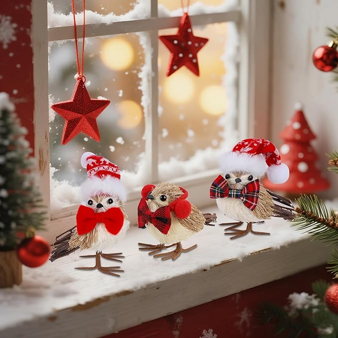 Set of 3 Christmas Birds Table Top Decorations, Christmas Twig Bird Figurines with Plush Hat, Red Bird Xmas Ornaments Tabletop Decor for Mante Kitchen Fireplace Home Holiday