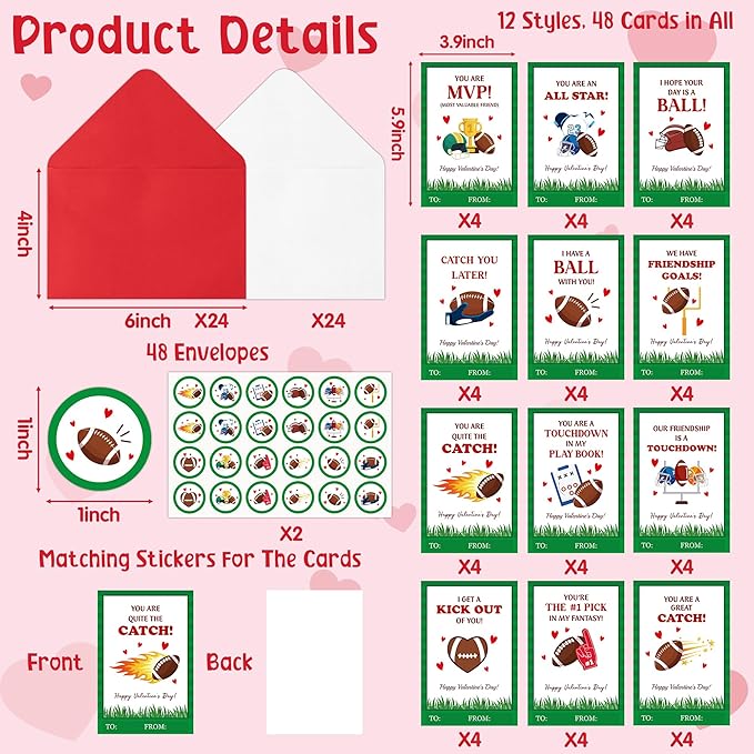 TICIAGA 144pcs Valentine’s Day Football Greeting Cards with Envelop and Stickers for Kids, 4 x 6 IN Sport Theme Exchange Gift Cards for Boys and Girls School Classroom Supplies, Valentines Party Favors