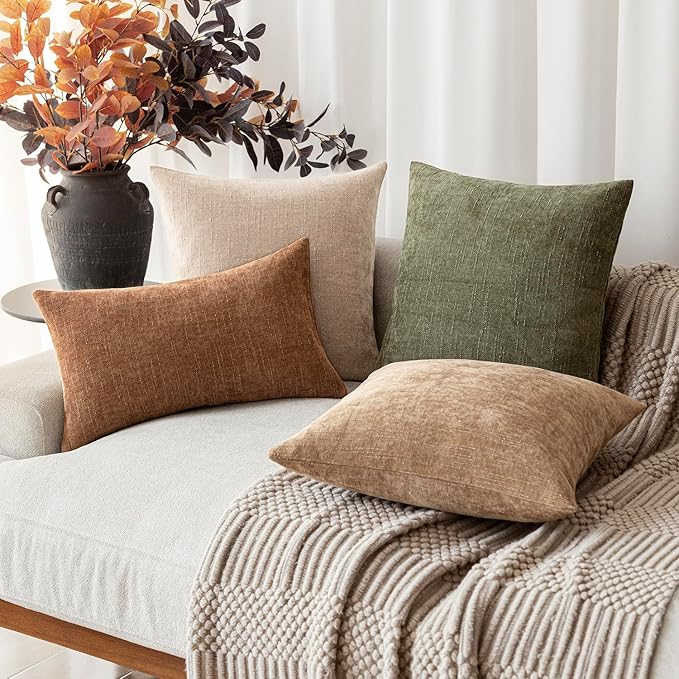 Foindtower Set of 2 Soft Textured Chenille Throw Decorative Pillow Covers Square Accent Solid Cushion Cover Cozy Neutral Farmhouse Pillow Case for Couch Sofa Bedroom Living Room 24x24 Inch,Cream Camel