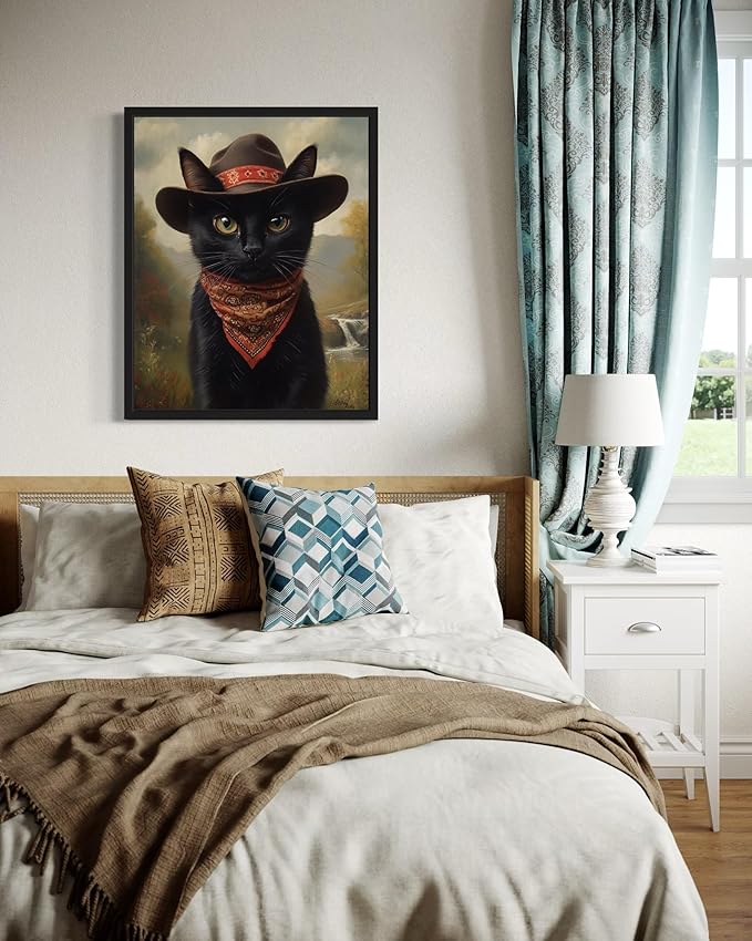 Bandit Cat Art Poster Print, Cat Kitten Painting Humor Portrait Pet Artwork Decor Gallery A8 (Bandit, 16 x 20 inches, Black Frame)