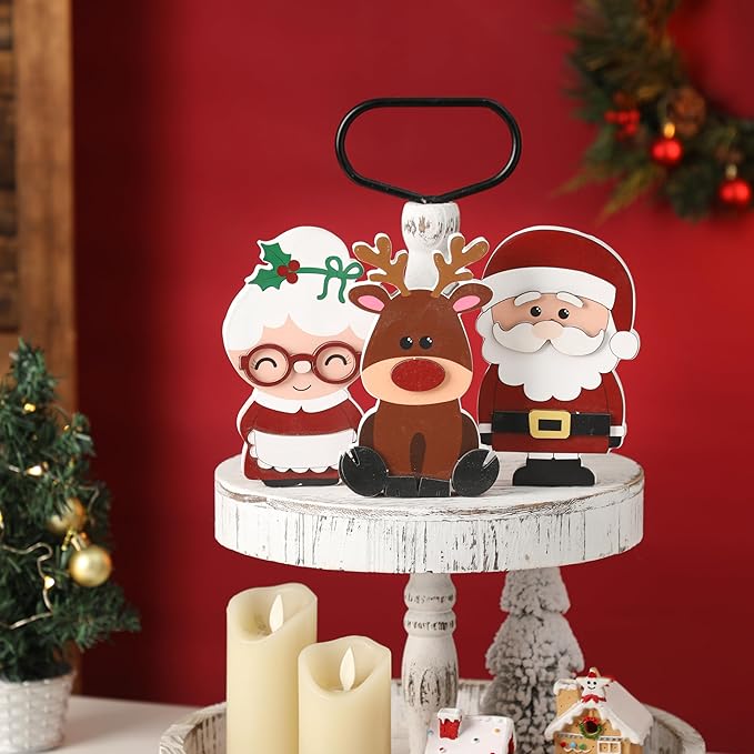 Amorita Wooden Christmas Tiered Tray Decor, 3 Piece Set Santa and Mrs. Claus with Reindeer, Xmas Table Centerpieces -Elegant Santa Christmas Decor for Festive Holiday Table Decorations
