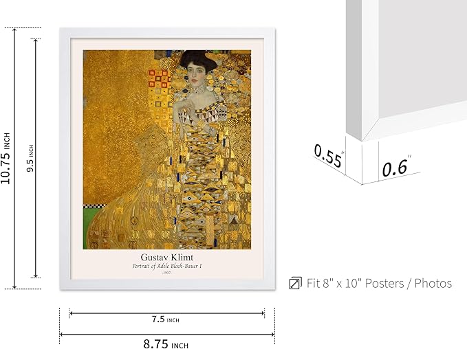 Poster Master Vintage Gustav Klimt Poster - Retro Portrait of Adele Bloch-Bauer Print - Art Nouveau - Lady in Gold Art - Gold Leaf Art - Classic Painting - Living Room Decor - 8x10 White Framed