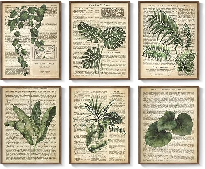 Framed Vintage Botanical Wall Art, Set of 6 Green Leaf and Fern Canvas Painting Prints, Rustic Farmhouse Plant Artwork for Living Room Bedroom Kitchen Dining Room Office Apartment Decor, 11x14 Inch