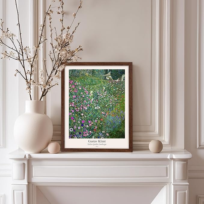 Poster Master Vintage Gustav Klimt Poster - Retro Italian Garden Landscape Print - Art Nouveau - Floral Art - Botanical Art - Classic Painting - Aesthetic Living Room Decor - 8x10 Brown Framed