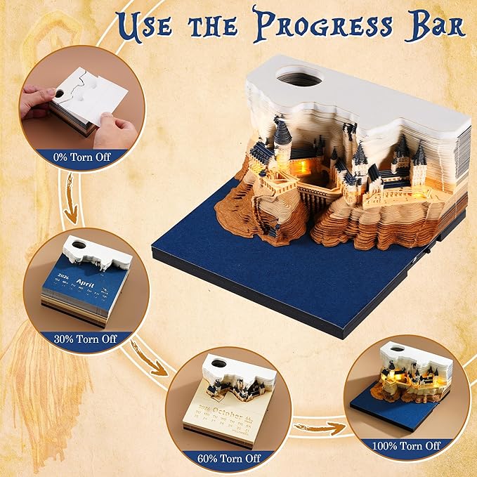 3D Time Piece Calendar 2026, Art Calendar Memo Pad 2026 Mini Desk Magic Castle with Lights, 3D Sticky Note Desktop Tear Off Gift for Christmas Office Decoration
