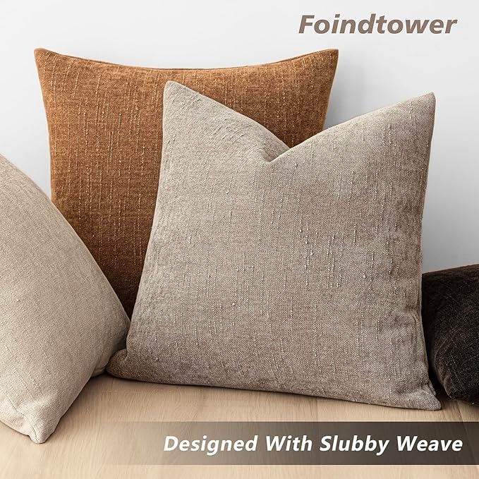 Foindtower Set of 2 Soft Textured Chenille Throw Decorative Pillow Covers Square Accent Solid Cushion Cover Cozy Neutral Farmhouse Pillow Case for Couch Sofa Bedroom Living Room 24x24 Inch,Light Taupe