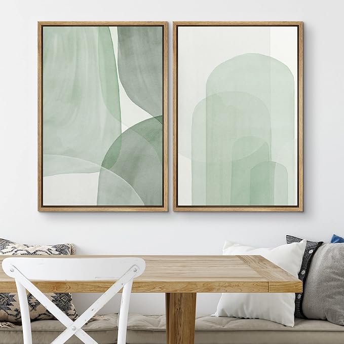 SIGNWIN Framed Canvas Print Wall Art Set Pastel Watercolor Green Polygon Collage Abstract Shapes Illustrations Modern Art Minimal Boho Colorful for Living Room, Bedroom, Office - 24"x36"x2 Natural