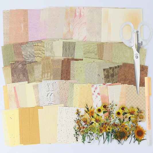 Koqye 215PCS Aesthetic Scrapbook Paper Pack, Junk Journal Supplies Starter Kit with Floral Stickers, Scissor, Quick Dry Glue Pen, Scrapbook Kit for Planner DIY Arts Craft Collage(Tangerine Dream)