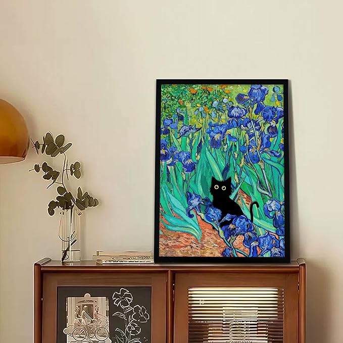 Fantasy Artists Van Gogh Irises Cat Wall Art, Framed Vintage Garden Canvas Wall Decor, Funny Black Cat Poster Prints, Paintings,Bathroom,bedroom,Living Room Artwork Decorations 16" Wide X 24" Height