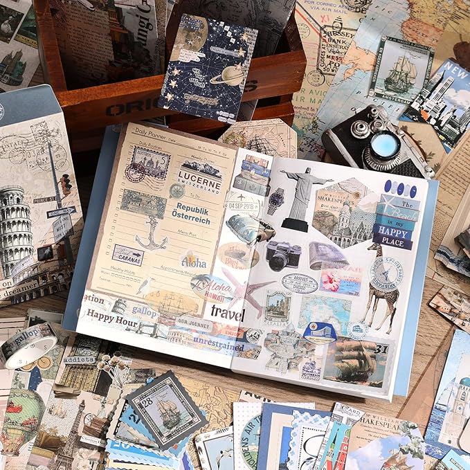 emmoolife Scrapbooking Supplies Kit, Daily Life World Travel Scrapbook Kit for Bullet Junk Journal, Stationery, A6 Grid Notebook, DIY Journaling Supplies, Birthday Craft Gift Teen Girl Kid Women