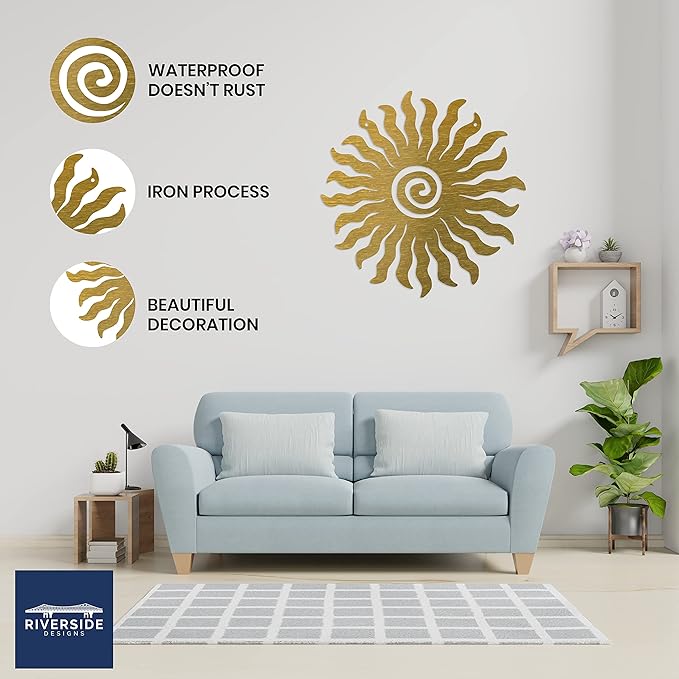 Riverside Designs Sunburst Metal Wall Art Steel Outdoor Decor - Heavy-Duty and Waterproof - Made in USA (30", Gold)