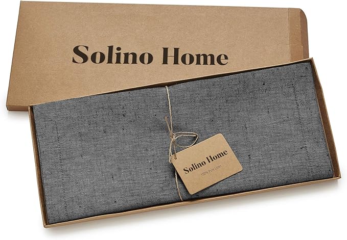 Solino Home Linen Table Runner 120 Inches Long - Athena, 100% Pure Linen Charcoal Grey 14 x 120 Inch Table Runner for Dining, Winter
