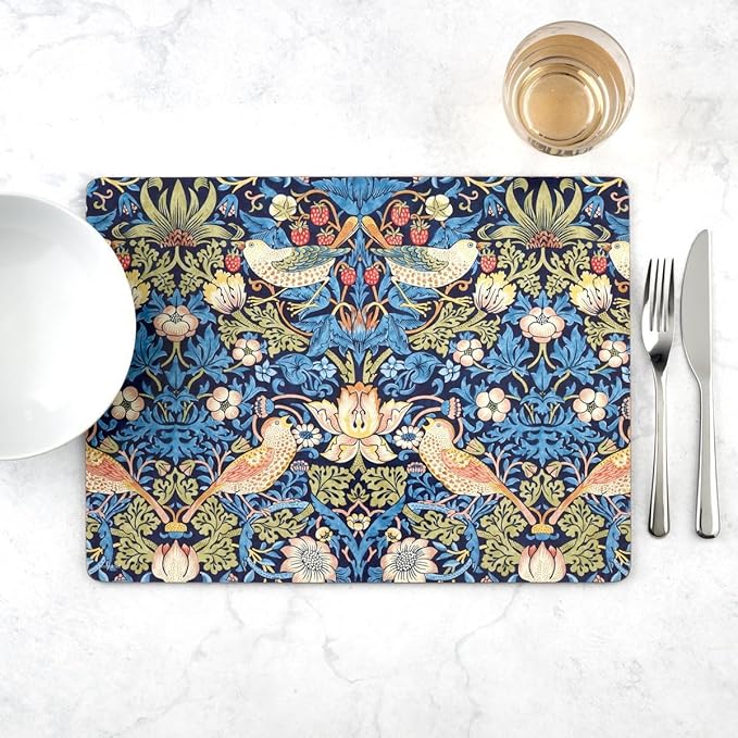Pimpernel Morris & Co Strawberry Thief Blue Placemats, Set of 4 - Stain Resistant & Heat Safe Fabric-Feel Table Mats with Birds & Botanical Pattern for Stylish Dining & Entertaining
