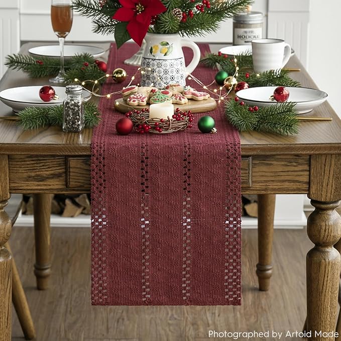 Artoid Mode Red Farmhouse Woven Rustic Hollow Table Runner, Seasonal Holiday Kitchen Dining Table Decoration for Home Party Decor 12x36 Inch
