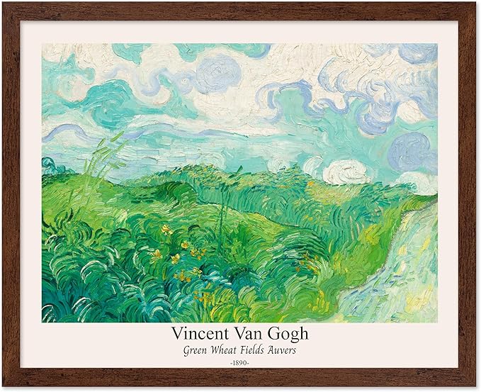 Monem Art Vintage Van Gogh Poster - Retro Green Wheat Fields Auvers Print - Impressionism Art - Fine Art - Landscape Art - Classic Painting Art - Great Living Room Decor - 8x10 Brown Framed
