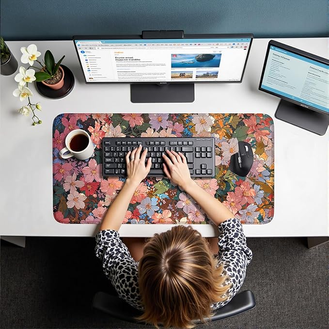 Floral Desk Mat for Women, Pastel Aesthetic Large Mouse Pad, XXL Desk Pad, Non-Slip Gaming Pad for Study Office Cubicle Decor 31.5x15.7in