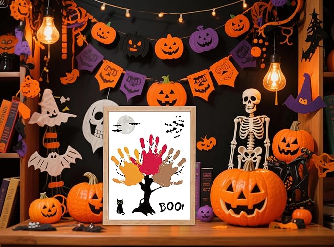 NZSXU Halloween Baby Handprint Craft Kit, Baby First Halloween, 10 Pack Black Tree Bat DIY Handprint Keepsake Gifts, DIY Newborn Hand and Foot Arts and Crafts for Nursery Decor Class Activities
