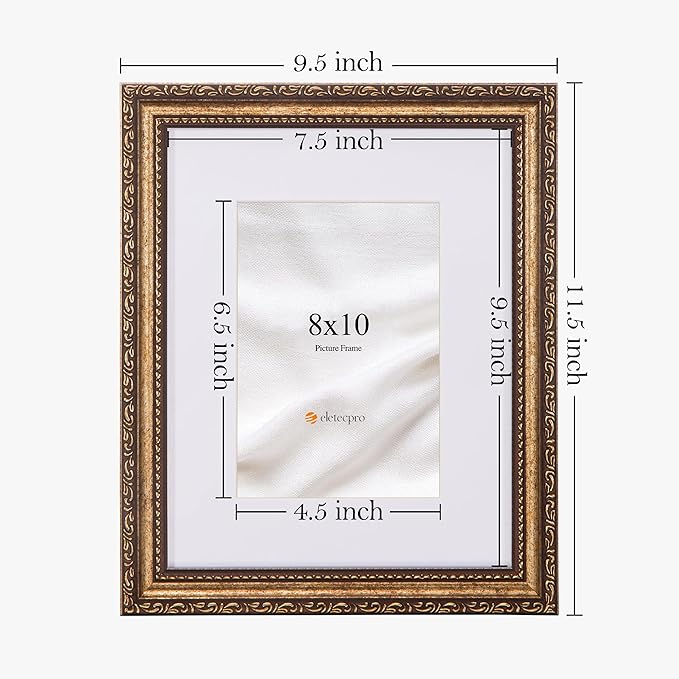 eletecpro 8x10 Picture Frames Set of 4, Vintage 8 x 10 Photo Frames with Glass, Display 5x7 Photo with Mat or 8x10 without Mat for Tabletop or Wall Decor, Bronze Gold