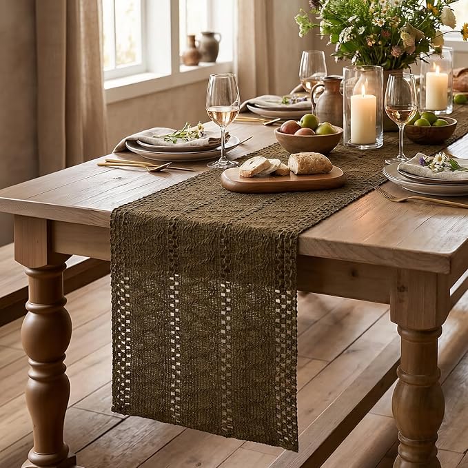 Artoid Mode Light Coffee Farmhouse Woven Rustic Hollow Table Runner, Seasonal Holiday Hollow Kitchen Dining Table Decoration for Home Party Decor 12x90 Inch