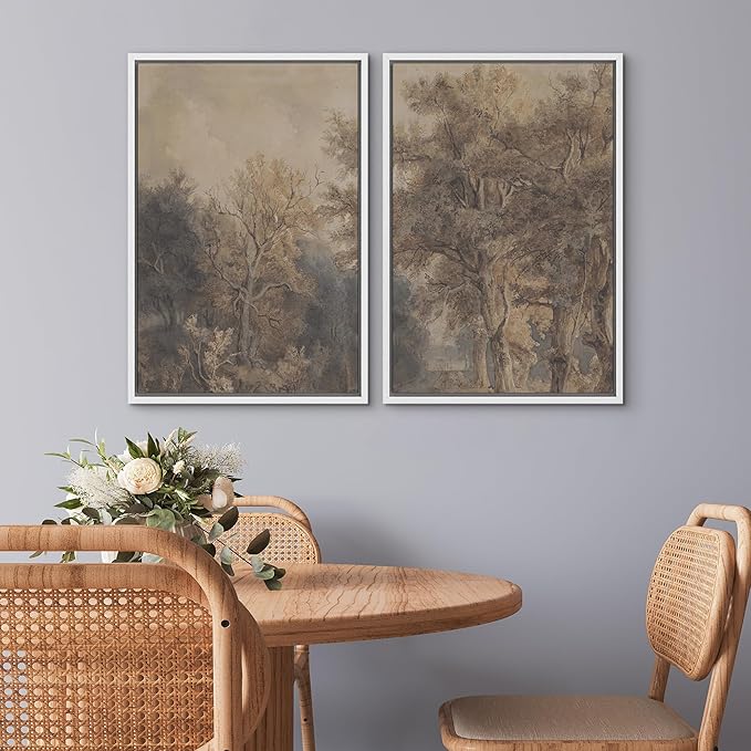SIGNWIN Framed Canvas Print Wall Art Set Vintage Tree Sketch Classic Sepia-Toned Forest Illustrations Modern Art Scenic Colorful for Living Room, Bedroom, Office - 16"x24"x2 White