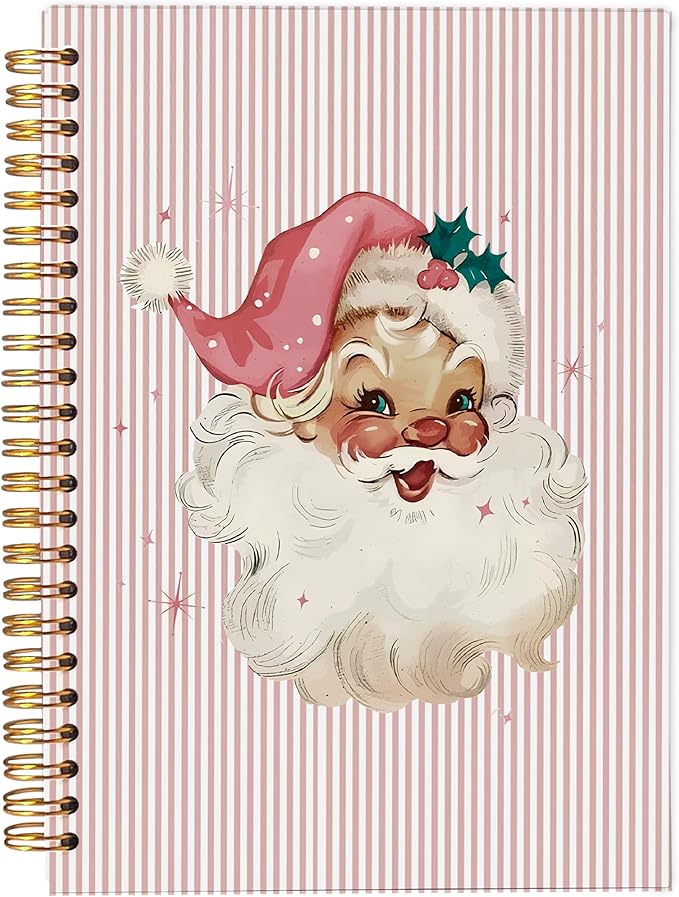 Christmas Notebook, Pink Vintage Santa Christmas Journal, Santa Gifts, Christmas Office Gifts for Coworkers, Christmas Composition Notebook, Pink Striped Spiral Notebook 5.5x8.3 Inch