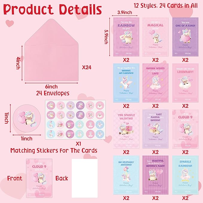 TICIAGA 72pcs Valentine's Day Unicorn Greeting Card with Envelop and Stickers for Kids, Charming Design Unicorn Notecard Gift Cards for Boys and Girls School Classroom Exchange, Valentines Party Favor