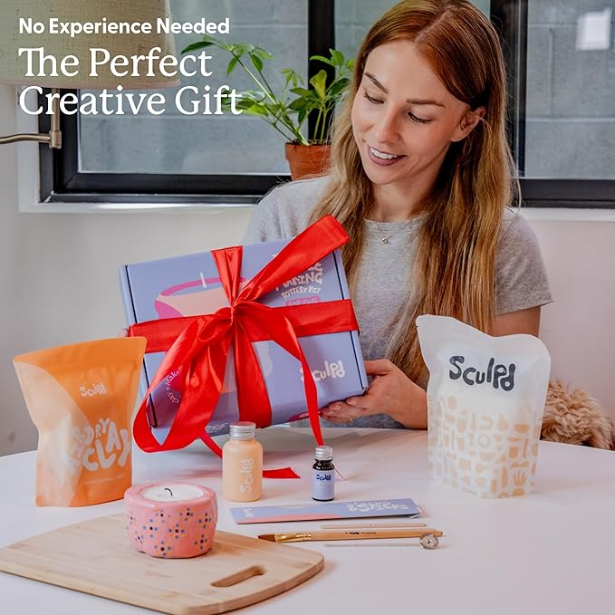 Sculpd Candle Making Pottery Kit for Adults with Air Dry Clay and Acrylic Paint Set, Non-Toxic Eco Soy Wax, Scented Fragrance Oil, Candle Glaze, Tools & Guide, 2 Candles, Peony Rose with Earth Tones