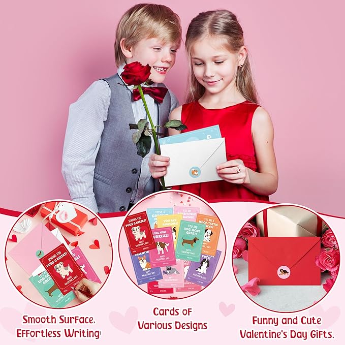 TICIAGA 72pcs Valentine's Day Cartoon Puppy Animal Greeting Card with Envelop and Stickers for Kids, Cute Dog Pet Notecard Exchange Gift for Boys and Girls School Classroom, Valentines Party Favors