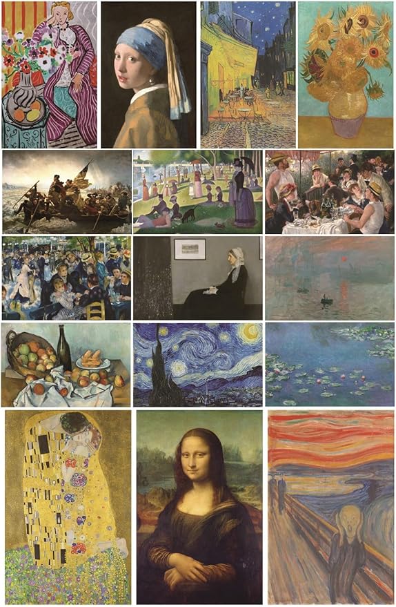 MINI ZOZI Famous Art Prints And Posters 16PCS Paintings Fine Art Impressionist Renaissance Aesthetic Romanticism Big Poster Wall Painting Classroom Room Decor Classical America Artist Artwork Pack